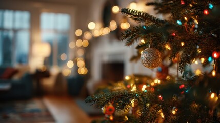 Cozy Christmas tree glowing with warm string lights in a softly lit living room