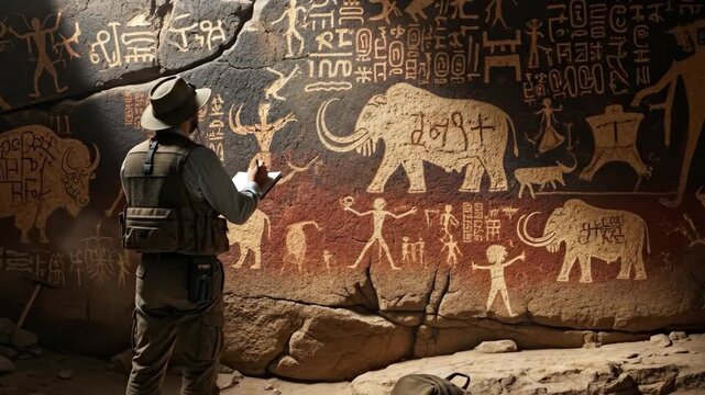 Man archaeologist studying ancient petroglyphs with symbols, and drawings of mammoths, and aurochs on a stone wall in the desert.