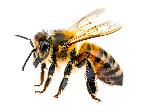 Detailed macro view of a honey bee with segmented body and translucent wings