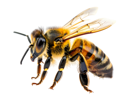 Detailed macro view of a honey bee with segmented body and translucent wings