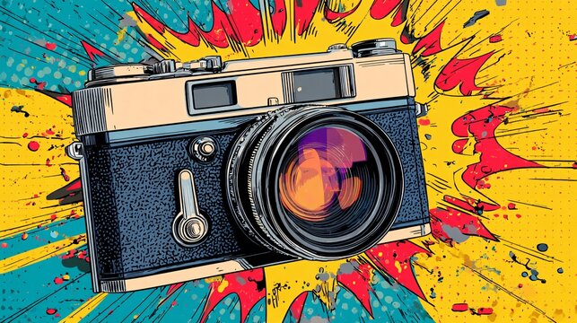 Retro pop art camera with comic style flash burst
