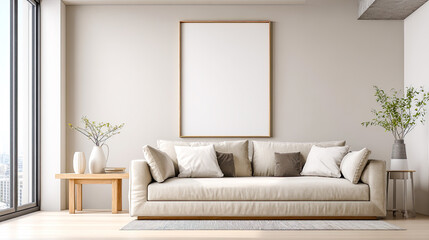 Moderne, lichtdurchflutete Loft-Szenen mit klaren, gro&szlig;en Poster-Mockups an neutralen W&auml;nden. Weite R&auml;ume, nat&uuml;rliche Materialien und dezente Deko