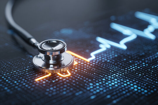 Stethoscope on a glowing graph, representing healthcare and financial analysis. A stethoscope rests on a digital graph, symbolizing medical analysis and financial health.