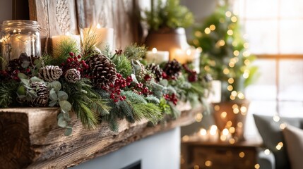 Cozy living room mantel adorned with a lush evergreen Christmas garland, pinecones and warm fairy lights