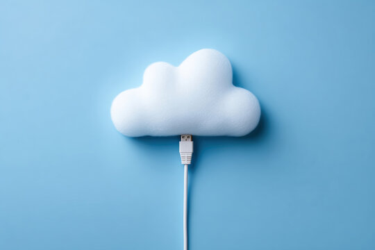 Cloud computing concept with a fluffy cloud and an ethernet cable. conceptual image represents cloud computing and data transfer with a creative visual metaphor.