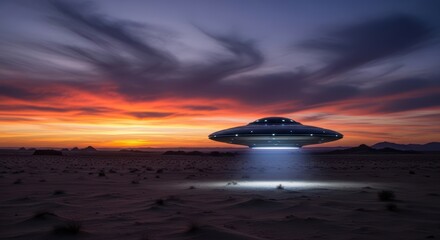 UFO hovering over desert landscape at sunset