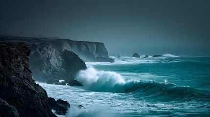 Naklejka premium Massive ocean waves crash dramatically against rugged coastal cliffs under a dim sky