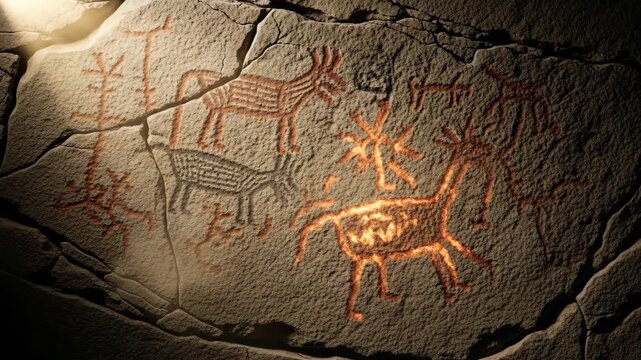 Ancient petroglyphs on rock wall slowly glowing brighter, depicting animal figures and primitive symbols, ancient art concept.
