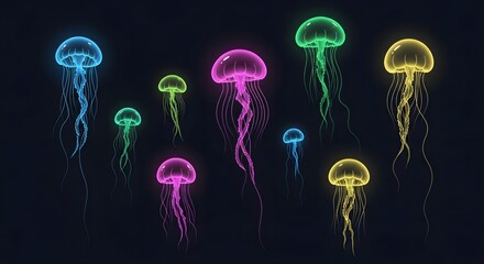 Group of Bright Bioluminescent Neon Jellyfish on Dark Background