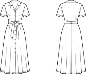Fashion flat sketch, women’s shirt dress with belt and buttons, short sleeve midi dress vector template, front and back technical drawing