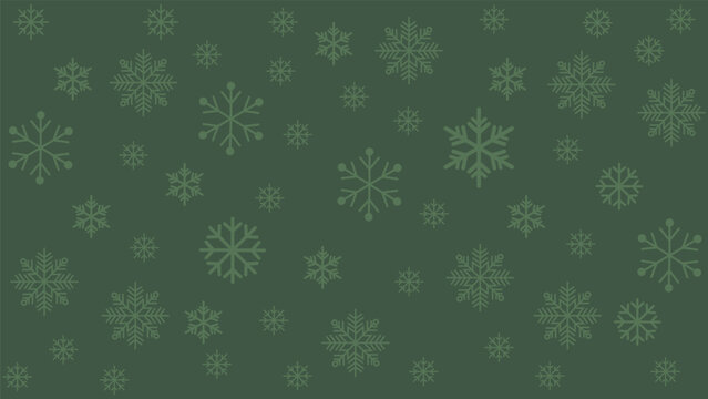 Seamless winter background pattern featuring various sizes of subtle green snowflakes scattered across a dark, forest green background. Elegant, festive, and rustic vector design for Christmas, holida