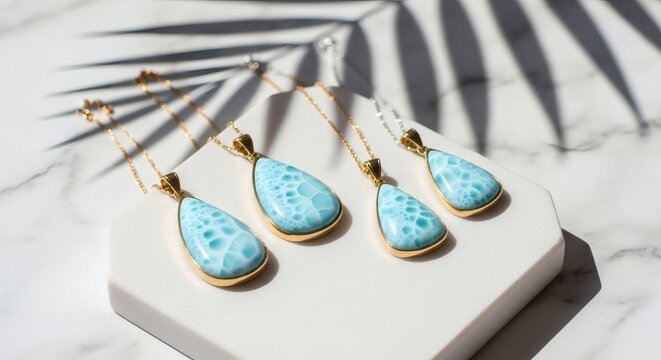 Beautiful larimar gemstone pendants and earrings on a white marble surface with palm leaf shadow  for national larimar day