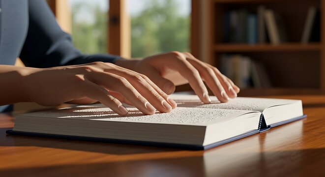 Blind woman reading braille book at wooden table in bright room, showcasing resilience and accessibility for visually impaired people. - Powered by Adobe