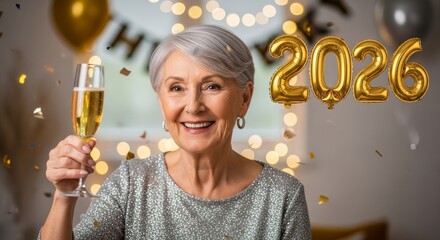 Happy New Year Celebration 2026 - Senior woman celebrating New Year 2026 with champagne and decorations in festive atmosphere