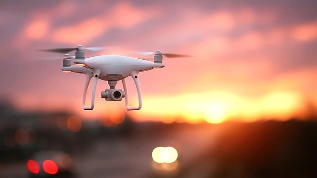 Advanced drone camera system against defocused sunset sky, faceless surveillance technology, aerial visualization detail, blurred evening background, security concept, modern inter