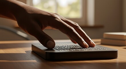 Hand touches braille display on wooden desk in bright room, showcasing assistive technology and accessibility for visually impaired individuals.