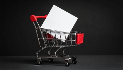 Miniature shopping cart holding a blank white card, symbolizing retail opportunities, new product launches, special offers, or important messages in the world of commerce and online shopping