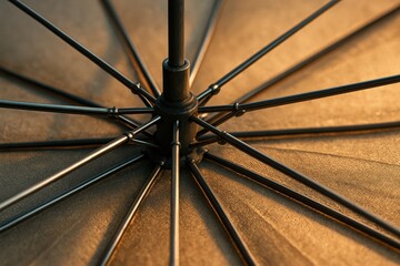 metal in daily life concept. Umbrella structure viewed from below, showcasing intricate details.