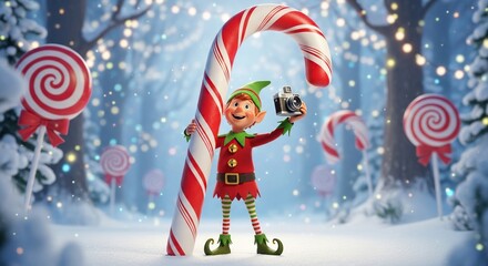 A cheerful cartoon elf wearing a festive green and red outfit stands in a whimsical winter wonderland holding a giant candy cane and a small gift