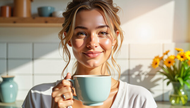 Relaxed woman sipping tea in bright kitchen, serene afternoon vibe