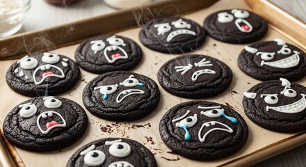 A close up overhead shot of a baking sheet filled with spooky and funny halloween chocolate cookies decorated with expressive icing faces