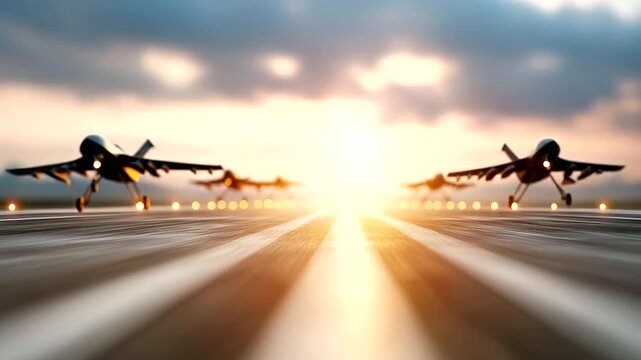 Army of military drones on runway defocused airfield, faceless unmanned fleet, aircraft visualization detail, blurred military background, deployment concept, tactical interface, a