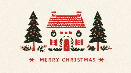 Christmas Vintage Illustration of Festive House with Decorated Trees, Wreaths, and "Merry Christmas" Greeting on Textured Background, Ideal for Wallpaper, Poster, and Holiday Design Assets