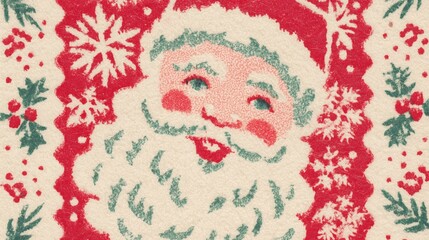 Christmas Vintage Illustration of Santa Claus with Snowflakes, Holly Berries, and Pine Branches on Textured Background, Ideal for Wallpaper, Poster, and Festive Design Assets