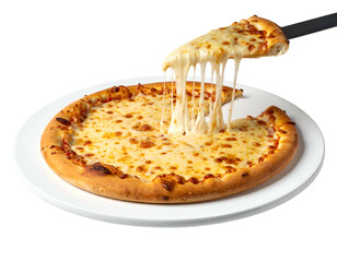 Gooey melted cheese stretching from a freshly baked pizza slice