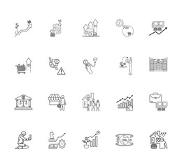  A collection of illustrated inflation icons including price increases, cost of living, purchasing power, cost increases, central bank, consumer prices with thin lines and a white background.