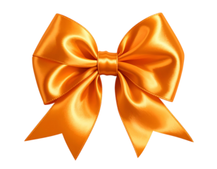 Shiny satin orange bow with elegantly draped loops and trailing ribbons