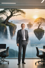 A smiling businessman in a dark suit stands confidently in an office with a large digital display showing a surreal landscape of floating islands, waterfalls, and a sunset.