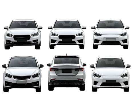 Six white sedans, front and rear views, sleek, modern designs