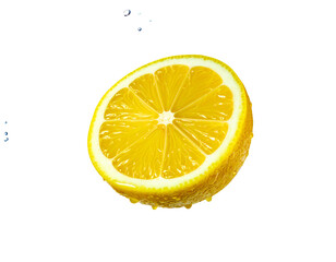 Juicy, bright yellow lemon half with water droplets