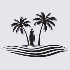 tropical beach with surfboard and palm tree  silhouette vector art illustration, vector illustration of a tropical island