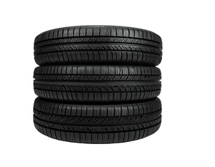 Stack of three dark, detailed, treaded vehicle tires