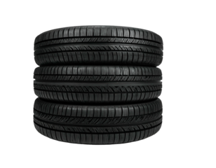Stack of three dark, detailed, treaded vehicle tires