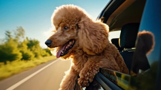 Adorable brown poodle dog enjoying a car ride with head out the window, fur blowing in the wind during a sunny outdoor journey.