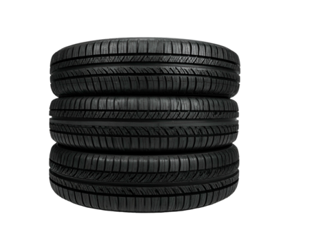 Stack of three dark, detailed, treaded vehicle tires