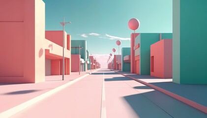 Surreal minimalist cityscape with pastel geometric buildings and empty street