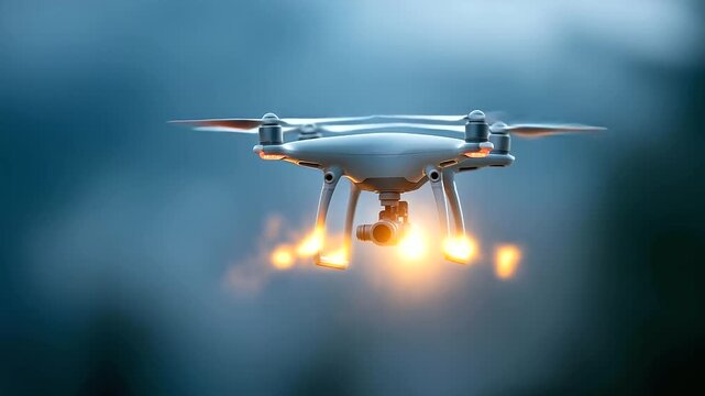 Drone with laser weaponry firing defocused combat scenario, faceless weapon system, target visualization detail, blurred sky background, Shahed concept, laser interface, destructio