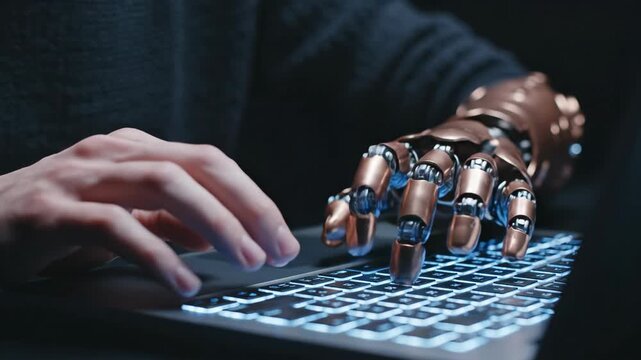 Caucasian woman with bionic arm typing on laptop keyboard, programming technology. Prosthetic hand on computer. Future human integration concept.