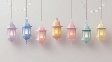 Festive Lanterns in Pastel Colors with Hanging String Lights on Soft Neutral Background, Ideal for Wallpaper, Poster, and Celebration Design Projects