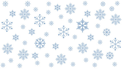 Seamless winter background featuring various sizes of scattered blue snowflakes on a white background. Simple and cold-toned vector pattern ideal for Christmas, New Year, holiday promotions, wallpaper