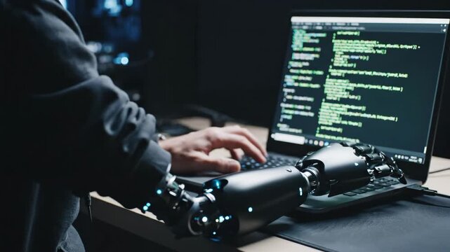 Man with a bionic arm working on laptop, typing code with assistance of cybernetic hand. Future of technology and programming concept.