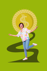 Sketch pop contemporary photo collage of happy businessman businesswoman receive dollar cash capital profit money income