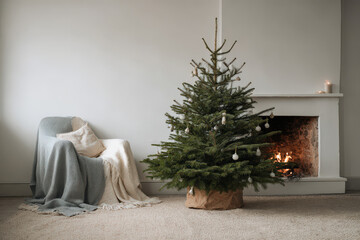 beautifully decorated christmas tree stands majestically in cozy living room beside crackling fireplace