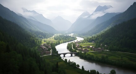 Majestic mountain valley river landscape with bridge