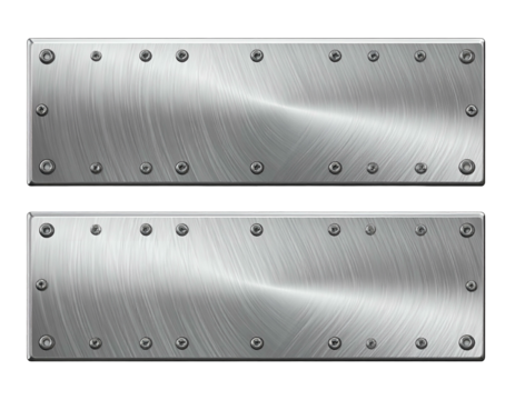 Two brushed metal plates, each secured by evenly spaced rivets
