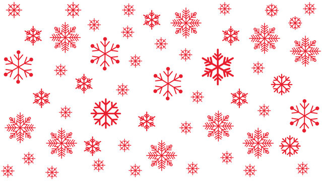Seamless winter background featuring various sizes of scattered red snowflakes on a white background. Simple and cold-toned vector pattern ideal for Christmas, New Year, holiday promotions, wallpaper